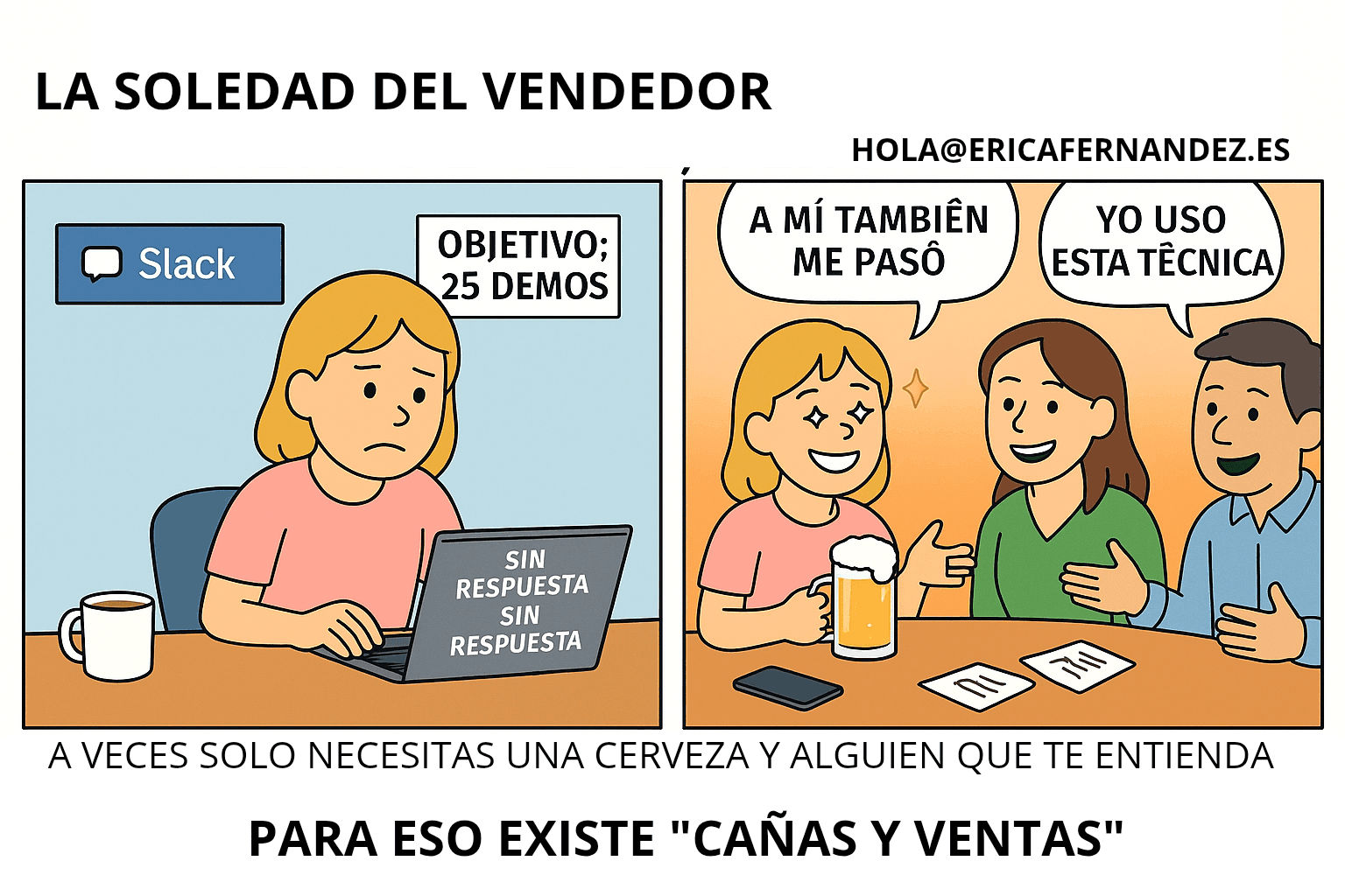 Imagen tipo cómic de un vendedor sentado solo frente a su ordenador, mientras otros disfrutan de una cerveza juntos, reflejando el aislamiento típico del trabajo comercial.