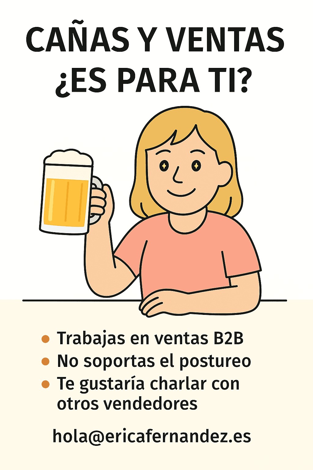 Viñeta cómica con una vendedora sosteniendo una cerveza y preguntándose si encaja en un evento de networking informal en Madrid.